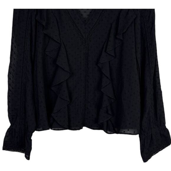 Zara Swiss Dotted Ruffle Detail Semi Sheer Long Sleeve V Neck Blouse XS Black - Picture 5 of 15